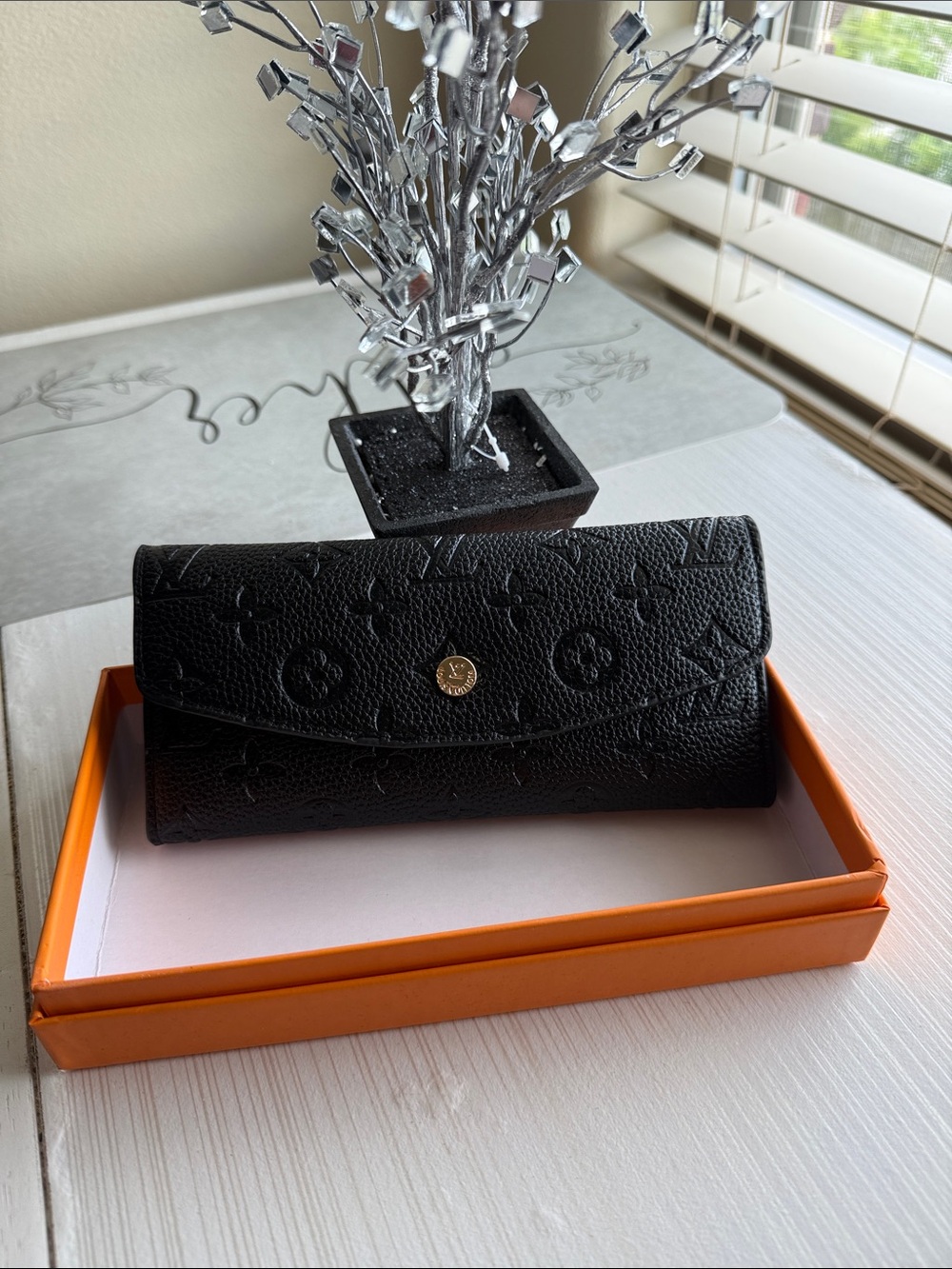 Black Embossed Monogram Long Wallet with Gold Snap